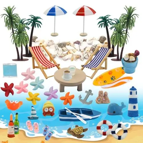 Produktbild: MoguGo 43 Stück Strand-Mikrolandschaft Kleine Palme Deko Accessoires Miniaturlandschaft Dekoration Sommerliche Garten-Deko Miniatur-Ornament-Set für DIY Miniatur Deko Garten Dekoration
