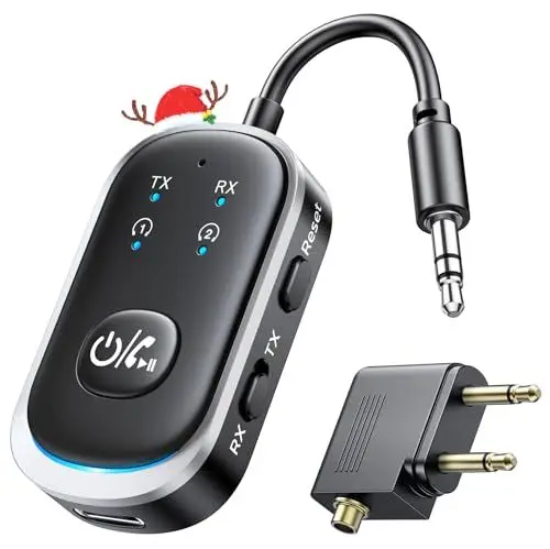 Produktbild: Mohard 2 in 1 Bluetooth Transmitter & Empfänger, AUX Bluetooth Adapter Klinke 3.5mm für Auto/TV/Stereoanlage, 5.3 Flugzeug Bluetooth Sender Bluetooth Splitter für 2 Kopfhörer, 12 Stunden Spielzeit