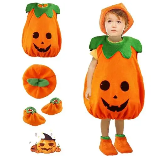 Produktbild: Moiuguli Halloween Kostüm Kürbis, 4PCS Halloween Kostüm Kinder Kürbis Baby Kürbis Kostüm mit Hut und Schuh Halloween Kostüm Kleinkind für Karnevals Halloween Cosplay Party Kleidung für Mädchen Jungen