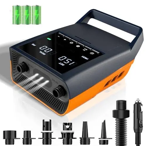 Produktbild: Mojimdo 13500mAh Elektrische SUP Pumpe, 20PSI Wiederaufladbare Luftpumpe, Notstrom und Notlicht, Auto-Off, 12V DC & Typ-C, mit 6 Düsen, für Stand Up Paddle Boards, Kajaks, Zelte, Matratzen