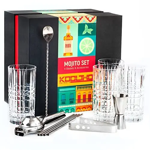 Produktbild: Mojito Gläser Set Cocktail Geschenkset, Geschenk Cocktails Glas 4er Sets Zubehör Zitronenpresse, 4 Strohhalme Edelstahl Messbecher Löffel Geschenkbox, Geschenke für Frauen Männer
