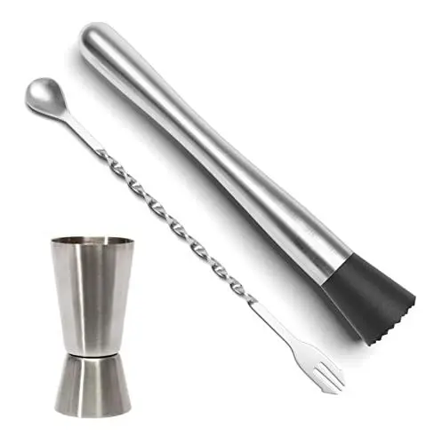 Produktbild: Mojito Stößel Bar-Werkzeug-Set, 3-teilig, Cocktail-Set, Rührwerkzeuge, Edelstahl, Cocktail-Stößel mit Cocktaillöffel, langem Griff und Messbecher für Mojitos, Fruchtgetränke