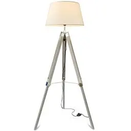 Produktbild: mojoliving® Stehlampe Wohnzimmer Schlafzimmer mit Stativ aus Holz - Vintage Deko Stehleuchte Tripod Lampe Leselampe Dreifuss Schirm Weiss, Stativ Braun