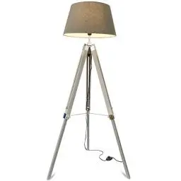 Produktbild: mojoliving® Stehlampe für das Wohnzimmer Schlafzimmer mit Stativ aus Holz Höhenverstellbar - Deko Stehleuchte Lampe Dreibein Schirm Grau, Stativ Braun