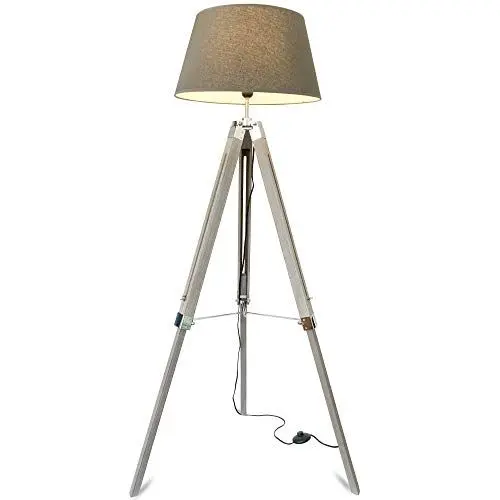 Produktbild: mojoliving® Stehlampe für das Wohnzimmer Schlafzimmer mit Stativ aus Holz Höhenverstellbar - Deko Stehleuchte Lampe Dreibein Schirm Grau, Stativ Braun