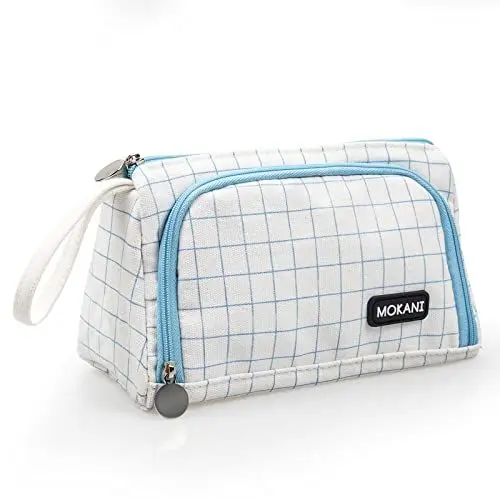 Produktbild: MOKANI Federmäppchen mit Großem Fassungsvermögen, Leinen Mäppchen Federmappe Federtasche Schlamppermäppchen für Studenten Mädchen Teenager Erwachsene, Blau Kariert
