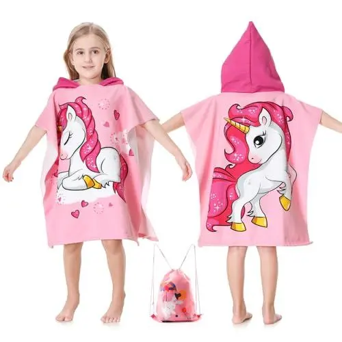 Produktbild: MOKANI Badeponcho Kinder mit Kapuze, Mikrofaser Handtuch Poncho mit Kordelzugbeutel, Weich & SaugfäHig Strandtuch Badetuch Badehandtuch füR MäDchen (Kinderhöhe: 85-110 cm)