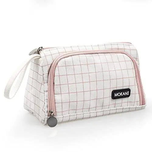 Produktbild: MOKANI Federmäppchen mit Großem Fassungsvermögen, Leinen Mäppchen Federmappe Federtasche Schlamppermäppchen für Studenten Mädchen Teenager Erwachsene, Rosa Kariert