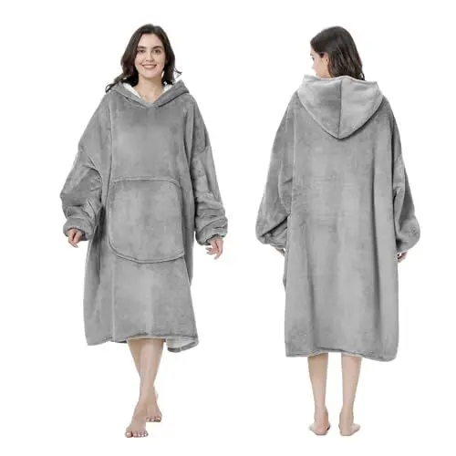 Produktbild: MOKANI Kuscheldecke mit Ärmeln und Kapuze Hoodie Decke, Decken Hoodie Decke mit Ärmeln, Übergröße Kapuzenpullover für Damen Herren, Grau