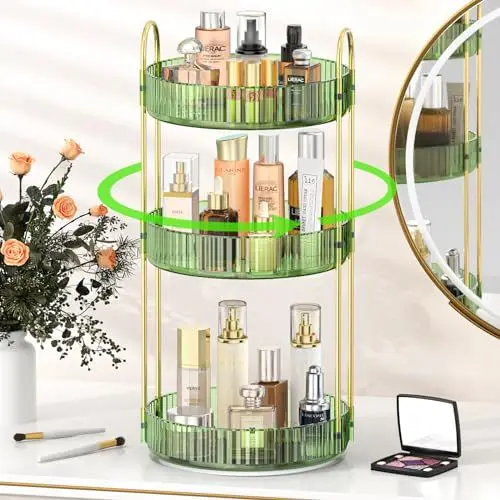 Produktbild: MOKANI Make Up Kosmetik Organizer, 360° Dreh Schmink Organizer, 3 Ebenen, Multifunctional Makeup Skincare Aufbewahrungssystem für Schminktisch, Badezimmer, Schlafzimmer, Grüner