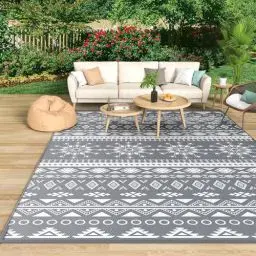 Produktbild: MOKANI Outdoor Teppich Wetterfest, Wendbarer Balkon Camping Teppich 120x180 cm, Kunststoff Stroh Terrasse Matte UV-beständige Outdoorteppich Rug Carpet für Garten RV Picknick, Boho-Style, Grau