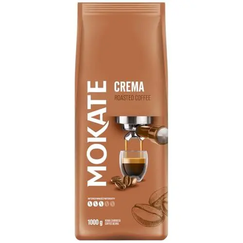 Produktbild: MOKATE - Crema Gerösteter Kaffee 1kg - Kaffeebohnen 80% Roubusta, 20% Arabica - Frisch Geröstet, Nussige Geschmacksnote, Dunkler Röstgrad, Intensives Aroma, Milde Säure, Ideal Für Kaffeemaschinen