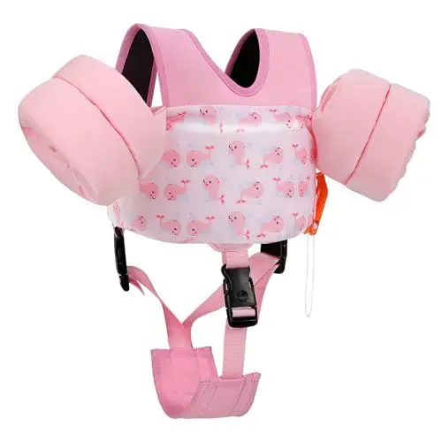 Produktbild: MoKo Cartoon Kinder Schwimmflügel, Schwimmtraining Jacke Schwimmweste mit Schultergurt Schwimmende Badeanzug mit Doppel Sicherheitsschnalle für 13-30 lbs Jungen Mädchen, S - Rosa Wal