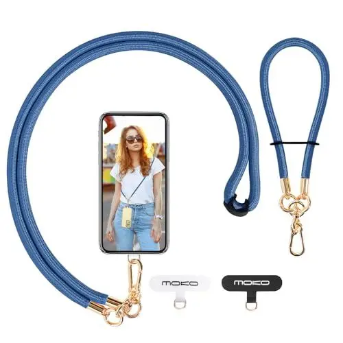 Produktbild: MoKo Handykette Universal, Verstellbar Schlüsselband mit Handschlaufe, Handyband Handy Lanyard zum Umhängen, Umhänge-Handyband × 1, Handschlaufe x 1, Lanyard-Patch × 2, Seeblau