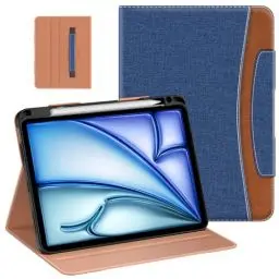 Produktbild: MoKo Hülle für iPad Air 11 Zoll M2 2024/ iPad Air 5./4. Generation 2022/2020 & iPad Pro 11 Zoll 2022/2021 mit Pencil Halterung, Premium Leder Folio Ständer Abdeckung, Denim Blau & Braun