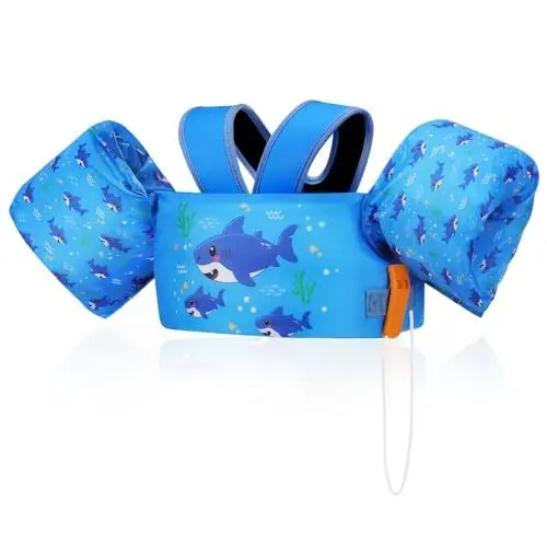 Produktbild: MoKo Kinder Schwimmflügel, Cartoon Schwimmende Badeanzug Schwimmweste, Schwimmtraining Jacke Schwimmflügel mit Schnalle für Jungen Mädchen 9 bis 22,6 kg (20 bis 50 lb) - Indigo Hai