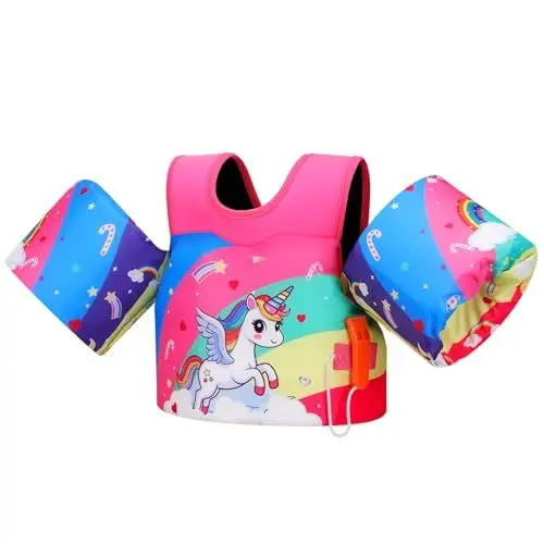 Produktbild: MoKo Kleinkind Schwimmflügel für Kinder, Schwimmjacke für Kleinkinder 20-50 lbs, Wasserflügel mit Notfallpfeife, Niedliche Schwimm Trainingsweste Zubehör für Schwimmbad, Rosa Regenbogen Einhorn