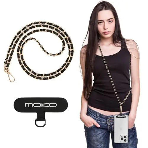Produktbild: MoKo Metall Handykette Universal, Abnehmbar Freihändig Schlüsselband Crossbody Handyband für Reisen, Wandern, Tägliches Pendeln, Handy Lanyard für iPhone & meiste Smartphones, Gold & Schwarz