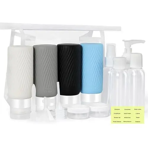Produktbild: MoKo Reiseflaschen zum Befüllen 100ml, 15 Stück Silikon Reiseflaschen Set, Tragbares Reise Gadgets mit PVC-Tasche für Shampoo Lotion Creme Seife, Travel Essentials für Damen Herren
