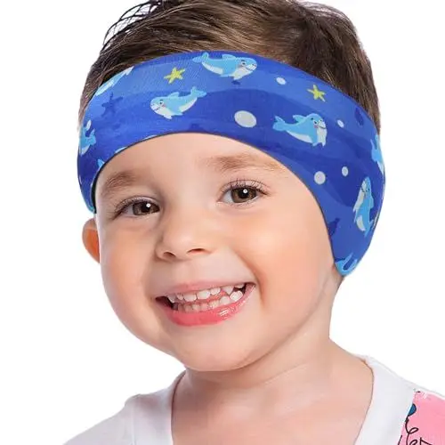 Produktbild: MoKo Schwimmen Stirnband, Neopren Schwimmband Ohrenband Wasserdichtes Kopfband Haarband mit Hohe Elastizität und Klettverschluss Ohrenschutz Band für Kinder Alter 1-2, S Größe - Dunkelblauer Hai