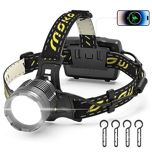 Produktbild: MoKo Stirnlampe LED Wiederaufladbar, Superhell 50000 Lumen & 10200 mAh Grosse Kapazität AKKU, 8 Lichtmodi, IP68 Wasserdicht 90° Verstellbar Kopflampe Stirnlampe für Outdoor Camping Angeln, Schwarz