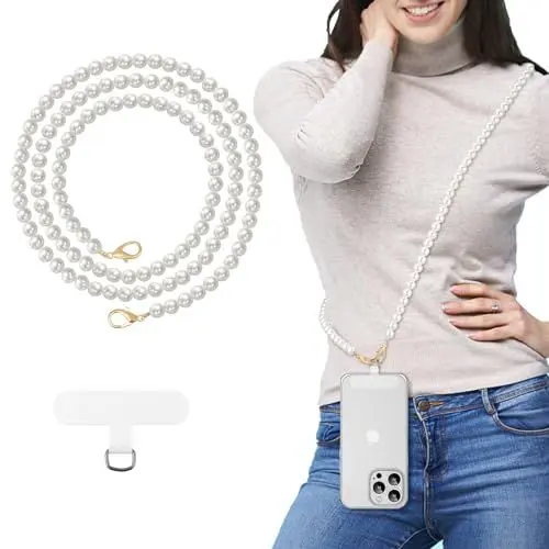 Produktbild: MoKo Universal Telefon Lanyard, Perle Perlen Handy Kette Crossbody Strap Anti-Diebstahl Abnehmbare Frauen Handy Lanyards um den Hals mit Patches für iPhone, die meisten Smartphones, Weiß