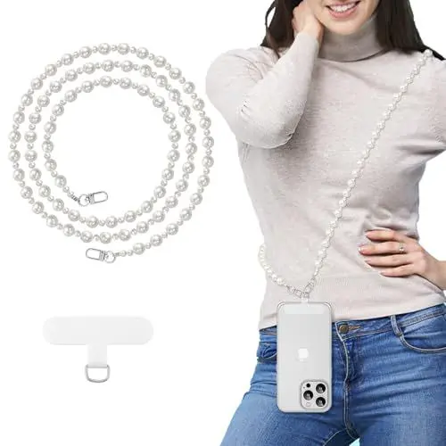 Produktbild: MoKo Universelles Handy-Lanyard, Perlen-Besetzte Handykette Crossbody-Strap, Anti-Diebstahl, Abnehmbar, für Frauen, Handy-Lanyard um den Hals mit Patches für iPhone und die meisten Smartphones, Weiß