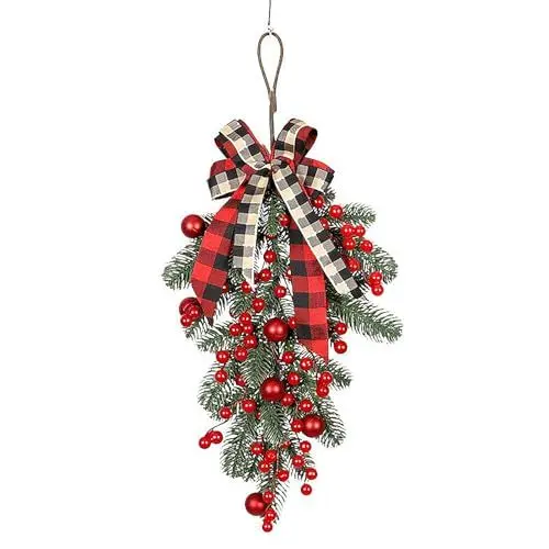 Produktbild: Mokylor 23,6 Zoll Weihnachts-Tropfen-Swag-Kranz, Künstliche Kiefernnadeln, Briefkasten-Swag-Dekoration mit Roten Beeren und Schleife, Wandbehang, Weihnachtsgrün-Swag für