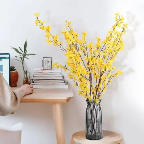 Produktbild: Mokylor 4 Stück Künstliche Forsythien, 94 cm Langer Stiel, Künstliche Orchideenblüten, Künstliche Forsythienblütenstiele aus Seide, Gelbe Orchideenblüten für Frühlingstürkränze,(Gelb)