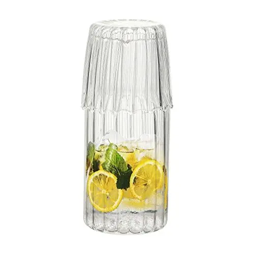 Produktbild: Mokylor Kreativer Kaltwasserkocher, Durchsichtige, Gerippte Wasserkaraffe Am Bett mit Becherglas, Trinkutensilien, Große Kapazität, Nachttisch, Karaffe und Glas-Set für Badezimmer(Weiss)