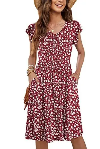 Produktbild: MOLERANI Damen Kurzarm V-Ausschnitt Button-Down Midi Skater Kleid mit Taschen Extra Floral Rot L