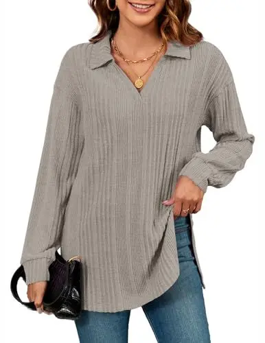 Produktbild: MOLERANI Pullover Damen Langarm Oversize Sweater V-Ausschnitt Langarmshirt Side Slit Strickpullover Lightweight Einfarbig Oberteile Khaki L