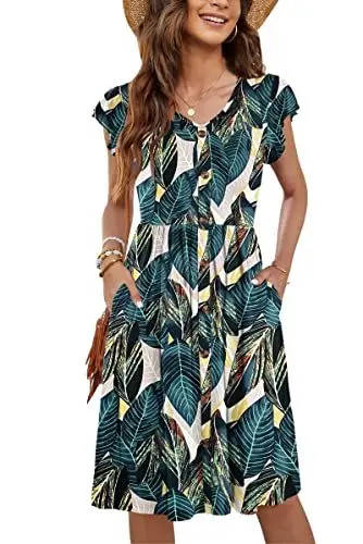 Produktbild: MOLERANI Sommerkleid Damen Knielang Rüschen Ärmel V-Ausschnitt Casual Swing Elastische Taille Midi Kleid mit Taschen Pure Leaf Print 2XL
