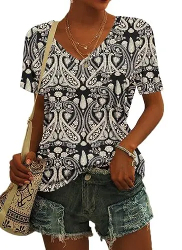 Produktbild: MOLERANI V-Ausschnitt T-Shirts für Frauen Kurzarm Tunika Tops für Legging Casual Tshirts Boho Floral Black L