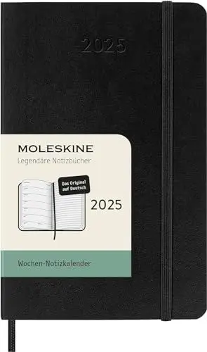 Produktbild: Moleskine Weekly Planner, WochenPlaner mit Platz für Notizen für 12 Monate 2025, Weicher Einband und Elastischer Verschluss, Farbe Schwarz, Deutsche Sprache, TaschenFormat 9x14 cm