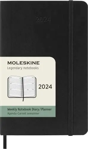 Produktbild: Moleskine Wochenplaner Horizontal 12 Monate 2024, Planer 2024, Pocket Format 9x14, Weicher Einband und Elastischer Verschluss, Farbe Schwarz