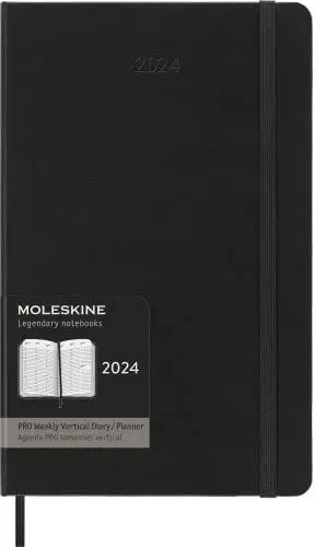 Produktbild: Moleskine Wochenplaner Vertikal Pro, 12 Monate 2024, Agenda 2024, Large 13x21, Hardcover mit Gummizugverschluss, Farbe Schwarz