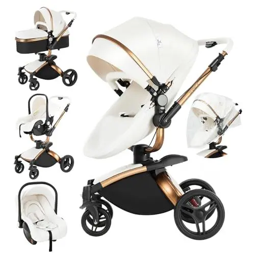 Produktbild: MoLi PU-Leder Kinderwagen 3 in 1, Kinderwagen mit 360° Drehbarem Cabrio-Sitz, Buggy mit Großer Bequemer Babywanne, Kombikinderwagen 3 in 1 Rahmen Aluminiumlegierung Faltbar Hohe Landschaft (906 White)
