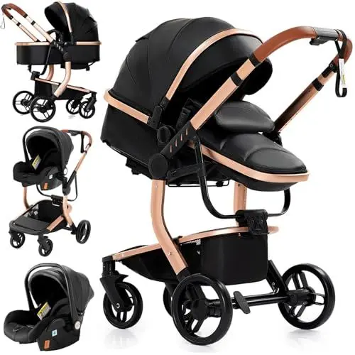Produktbild: MoLi Kinderwagen 3 in 1, Kinderwagen mit Umkehrbarem Doppelschiebemodus, Buggy mit Großer Bequemer Babywanne (518 Black)