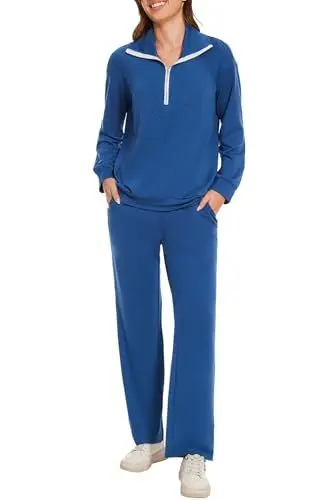Produktbild: Molirex Sportanzug Damen Set Langarm Halbem Reißverschluss Trainingsanzug Zweiteiler Jogginganzug mit Taschen Activewear Tracksuits Blau L