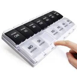 Produktbild: MOLN HYMY Medikamentenbox 7 Tage 2 Fächer, Pillendose Morgens Abends, Große Kapazität, BPA-frei, 14 Fächer, Druckknopf (Schwarz Weiß)