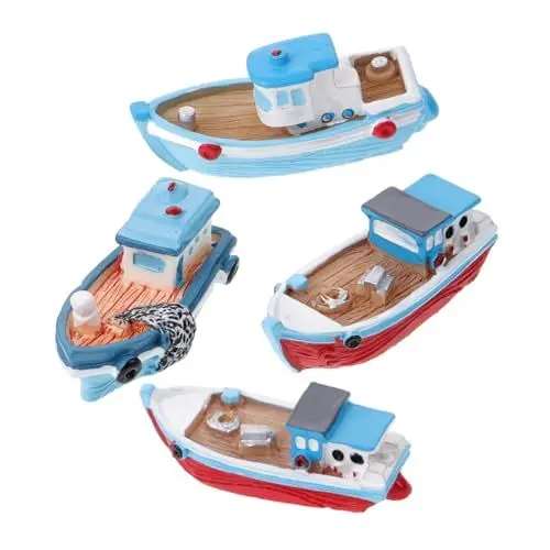 Produktbild: MOLUCKFU 4 Stück Mittelmeer-Spielzeug Miniatur-Boot Fischerboot-Modelle aus Kunstharz Landschaftsdekor zufälliger Stil Heimdekoration Warmer visueller Genuss