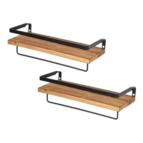 Produktbild: MOLUCKFU Wandmontierte Holzregale Mit Handtuchhalter Und Haken Praktische Ablage Für Badezimmer Küche Und Wohnzimmer Ideal Für Handtücher Und Accessoires Stilvolles Design Eiche