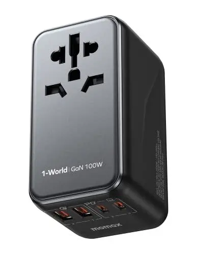 Produktbild: MOMAX 100W GaN Reiseadapter Weltweit USB C, Reisestecker Weltweit Schnellladung für Vision Pro mit 2USB C 2USB A, Internationaler Adapter für USA UK Japan EU Australien Kanada