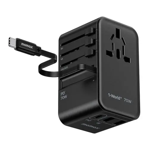 Produktbild: MOMAX Reiseadapter Weltweit 70W GaN mit Ladekabel USB C, Internationaler Universal Adapter mit 2UAB A / 2USB C für USA UK Japan EU Australien Kanada