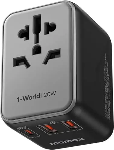 Produktbild: MOMAX Reiseadapter Weltweit mit 2 USB und PD 20W Schnelles Aufladen, Internationale Steckdosenadapter, Universaladapter für Thailand Italien USA EU UK AUS
