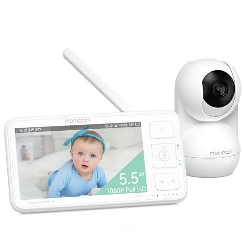 Produktbild: Momcozy Video-Babyphone, 5,5 Zoll 1080P Full HD Babyphone mit Kamera ohne WLAN, Infrarot-Nachtsicht 5800 mAh 120-Stunden-Akku, ECO, VOX, 2-Wege-Audio, 500m Reichweite, lokale Aufnahme und Zurückspulen