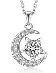 Produktbild: MomentWish Mond Kette, 1 Karat Moissanite Silberkette Damen 925 mit Mond Stern Anhänger Halskette Damen Kette Silber Diamant Schmuck mit Geschenkbox für Frauen Freundin