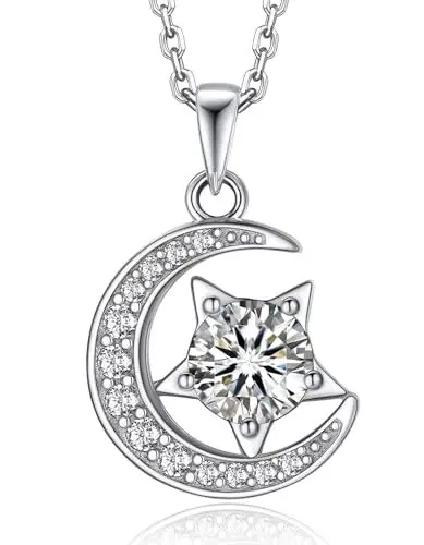 Produktbild: MomentWish Mond Kette, 1 Karat Moissanite Silberkette Damen 925 mit Mond Stern Anhänger Halskette Damen Kette Silber Diamant Schmuck mit Geschenkbox für Frauen Freundin