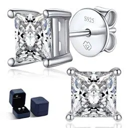 Produktbild: MomentWish Moissanite Ohrringe Silber, 2 Karat Moissanite Ohrringe Glänzend Quadratisch Silber 925 für Damen und Herren 5.5mm